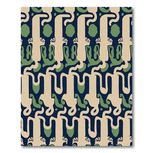 Deep Blue Tan Green Abstract Figures Rug