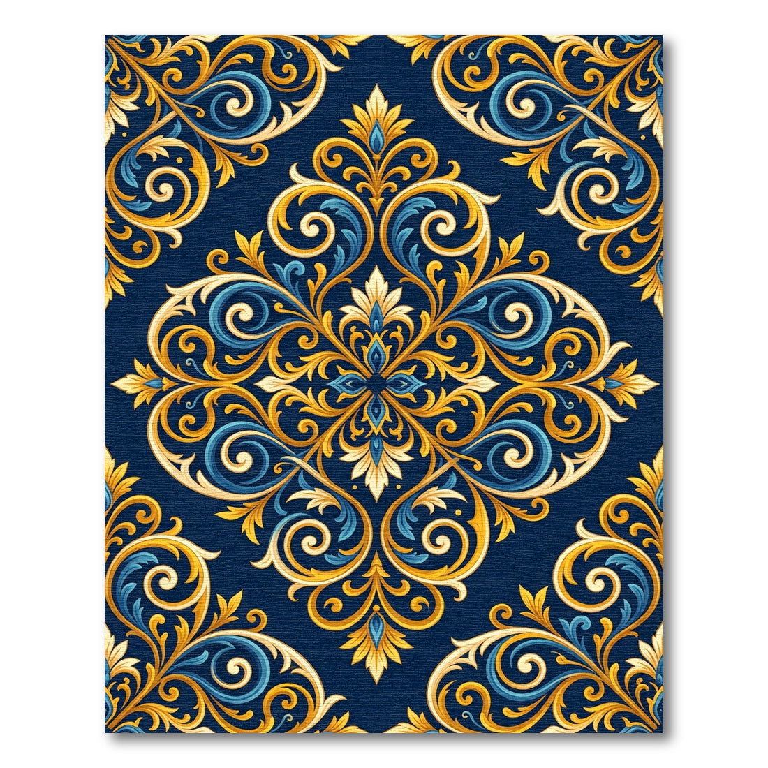 Regal Gold and Blue Damask Scroll Rug
