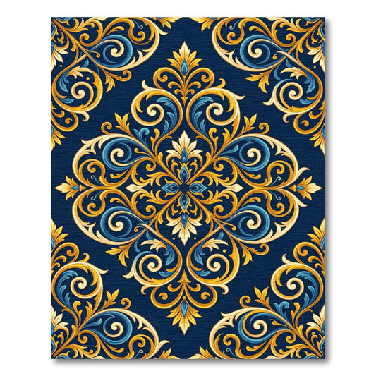 Regal Gold and Blue Damask Scroll Rug