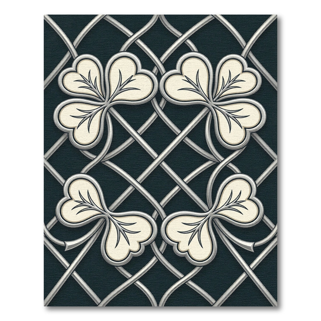 Cream Clover Pattern on Dark Gray Lattice Rug