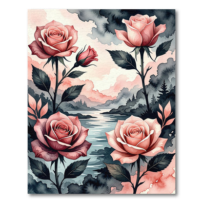 Watercolor Blush Rose Floral Landscape Rug