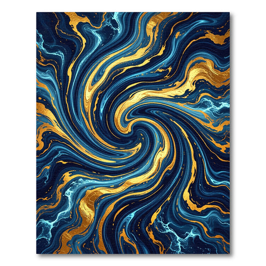 Swirling Navy Blue and Gold Marble Rug