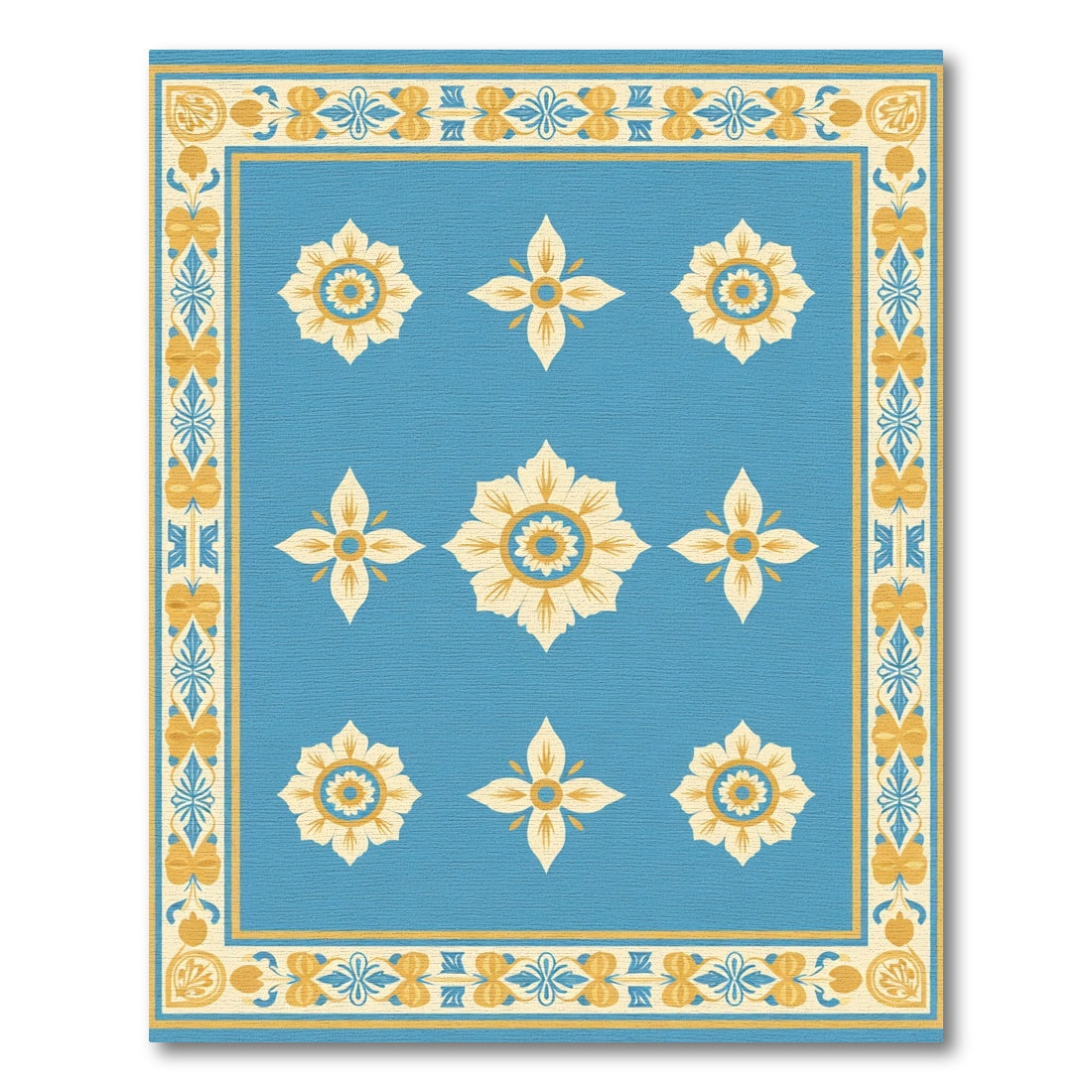 Blue Cream Yellow Floral Medallion Border Rug