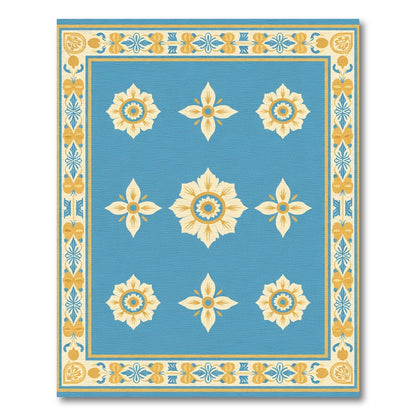 Blue Cream Yellow Floral Medallion Border Rug