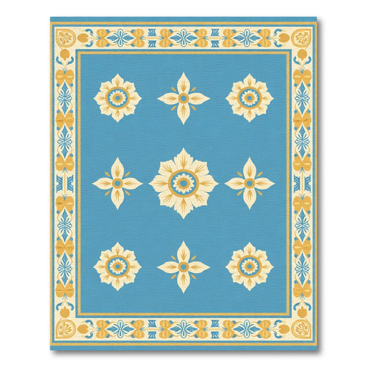 Blue Cream Yellow Floral Medallion Border Rug