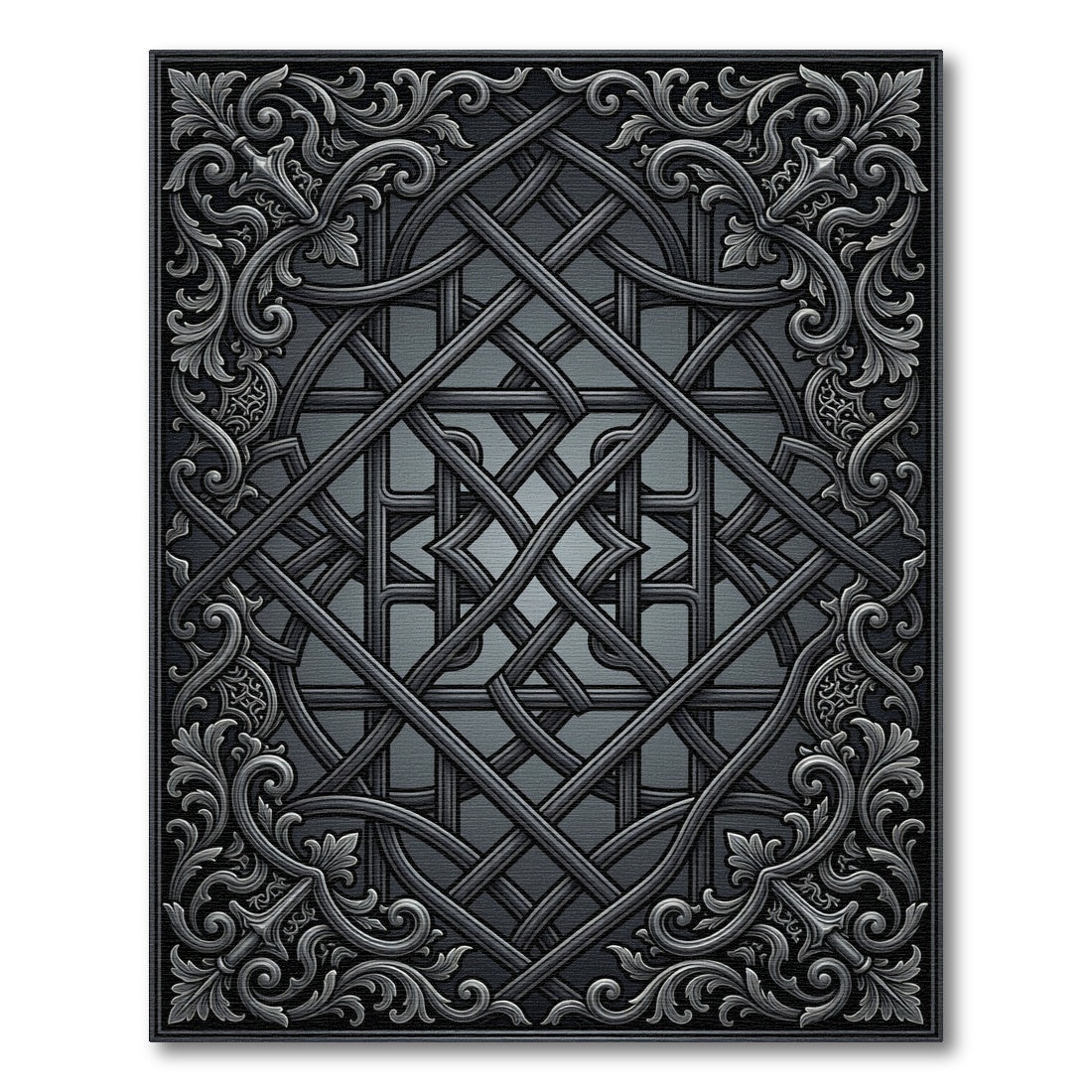 Ornate Black Interlocking Scrollwork Rug