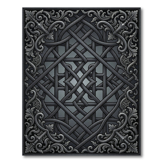 Ornate Black Interlocking Scrollwork Rug