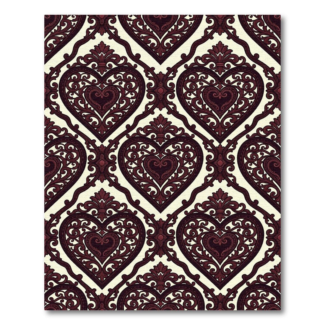 Ornate Burgundy Heart Damask Rug