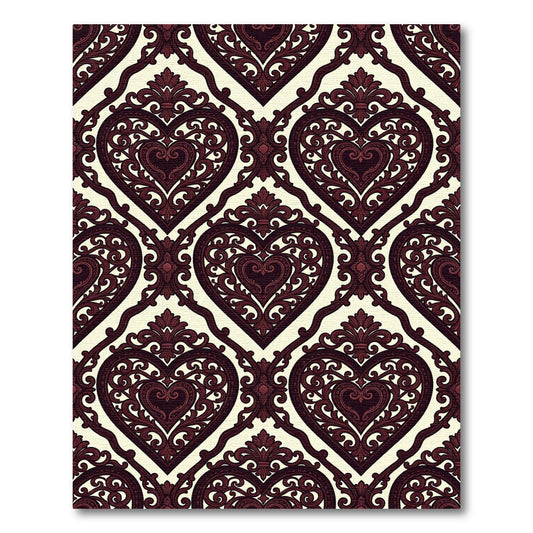 Ornate Burgundy Heart Damask Rug