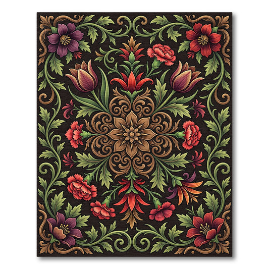 Dark Floral Medallion with Vivid Blossoms Rug