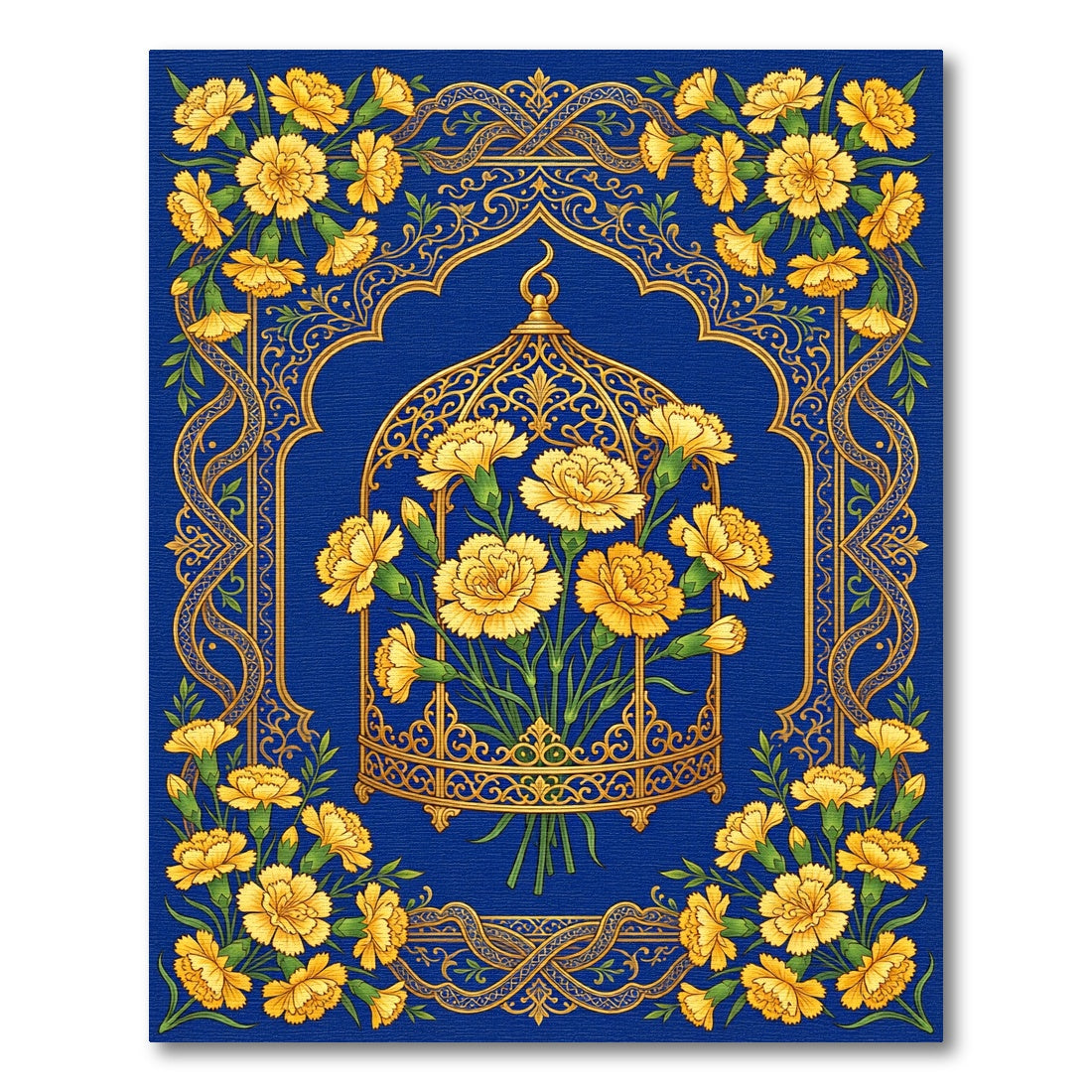 Golden Carnation Floral Cage Royal Blue Rug