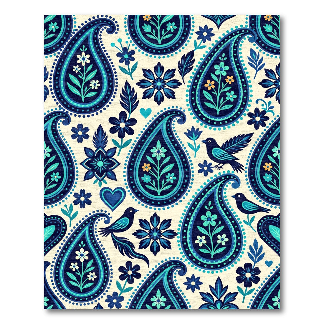 Blue Teal Paisley Floral Birds Rug
