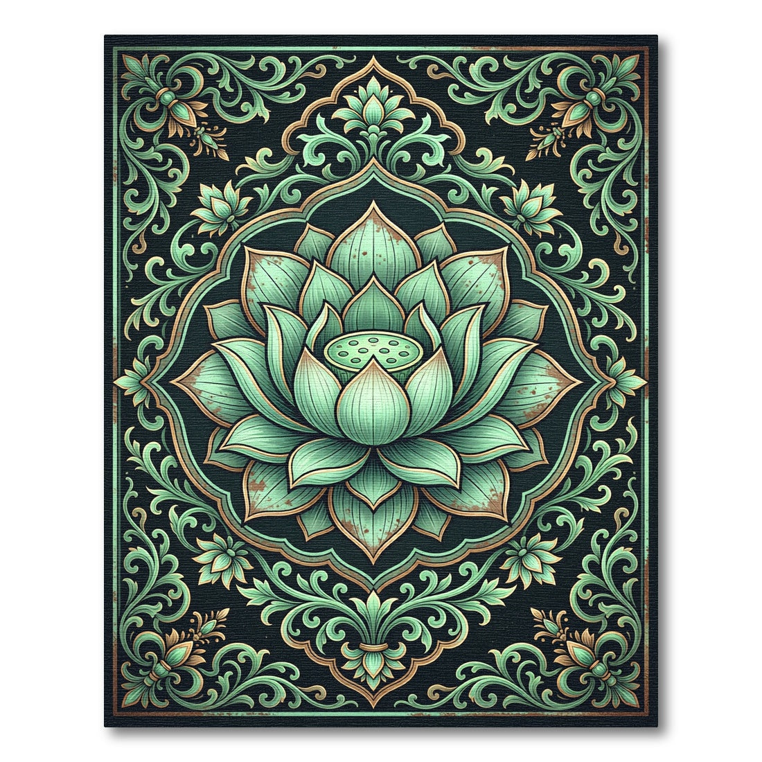 Elegant Mint Lotus Floral Medallion Rug