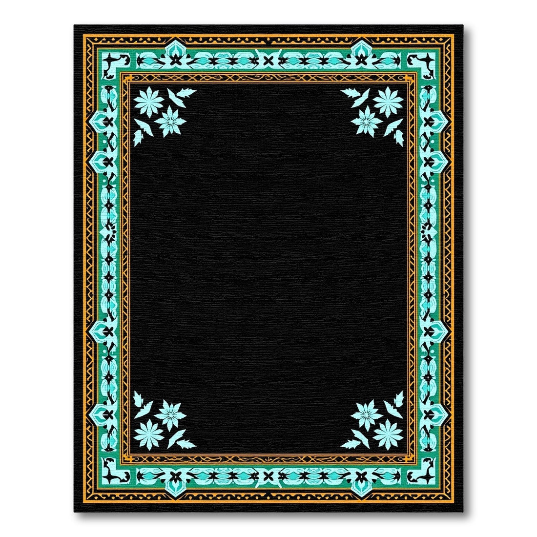 Turquoise And Gold Geometric Floral Frame Rug