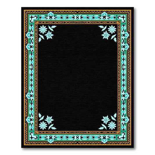 Turquoise And Gold Geometric Floral Frame Rug