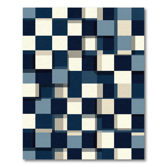 Navy Blue Cream Geometric Checkerboard Rug
