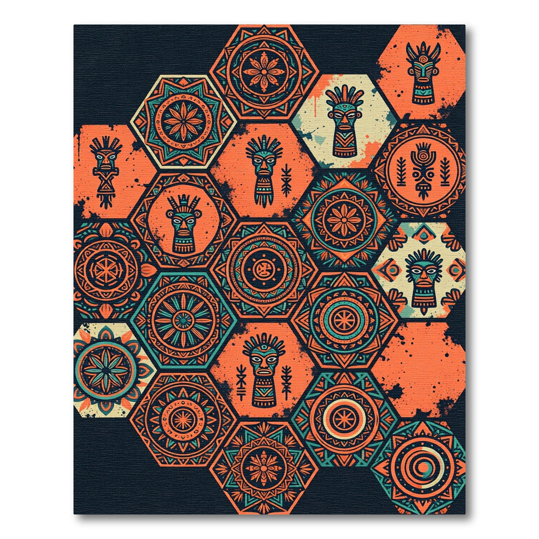 Hexagonal Tribal Orange Teal Totem Art Rug