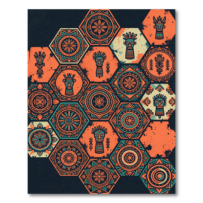 Hexagonal Tribal Orange Teal Totem Art Rug