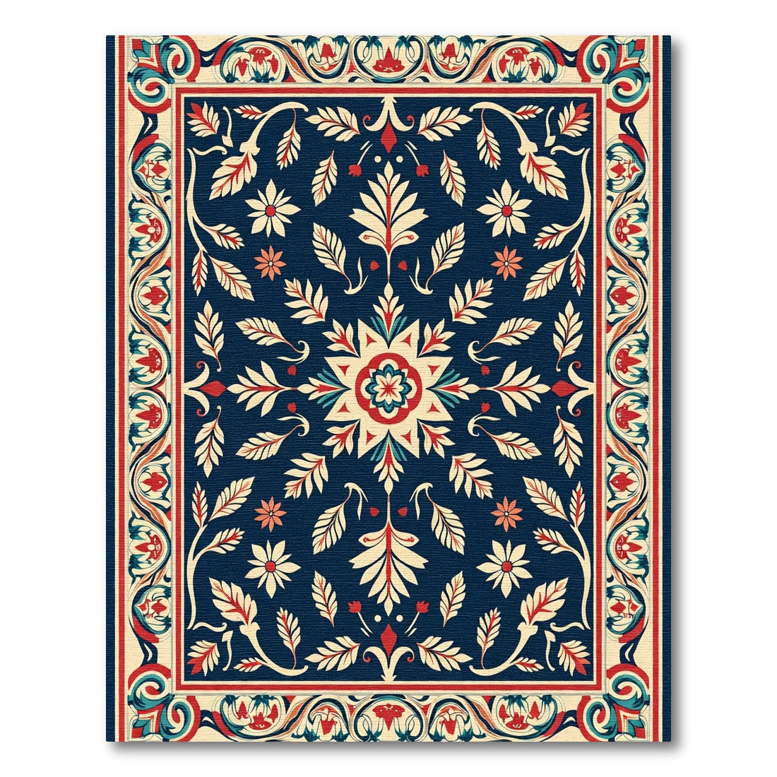 Ornate Red Floral Medallion Ivory Rug