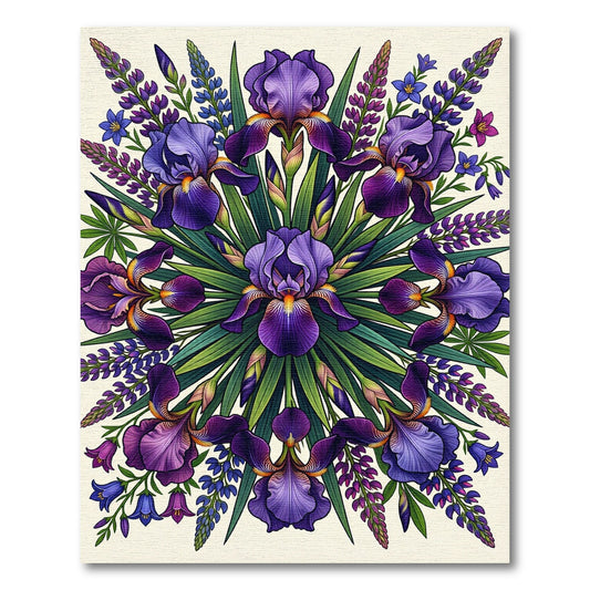 Vibrant Purple Iris Botanical Mandala Rug