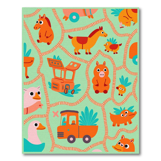Playful Orange Farm Animals Whimsical Rug