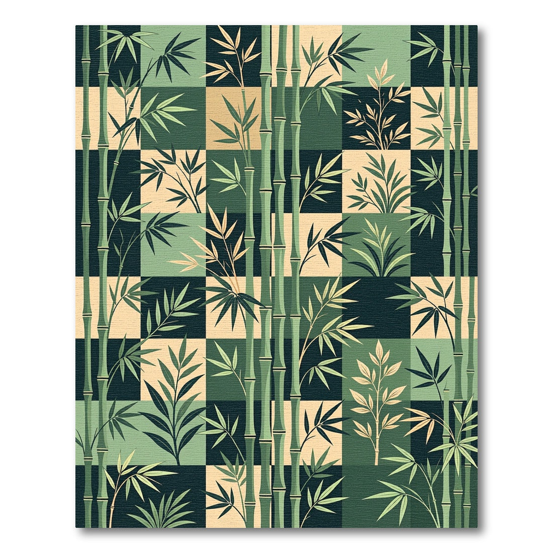 Earthy Green Bamboo Grid Checkered Rug