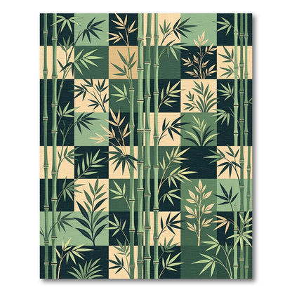 Earthy Green Bamboo Grid Checkered Rug