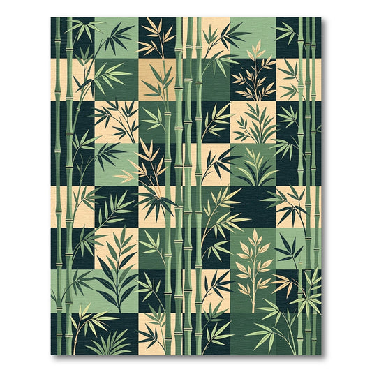 Earthy Green Bamboo Grid Checkered Rug