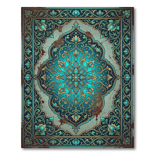 Ornate Teal Turquoise Floral Medallion Rug