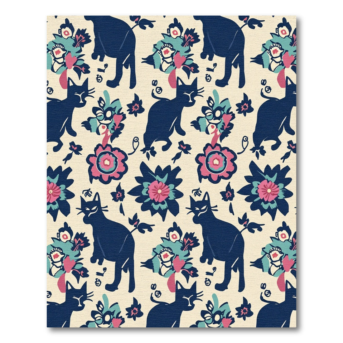 Whimsical Indigo Cat Floral Medley Rug