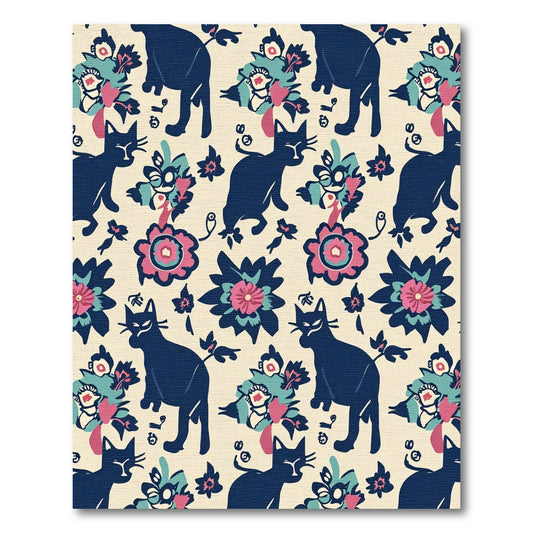 Whimsical Indigo Cat Floral Medley Rug
