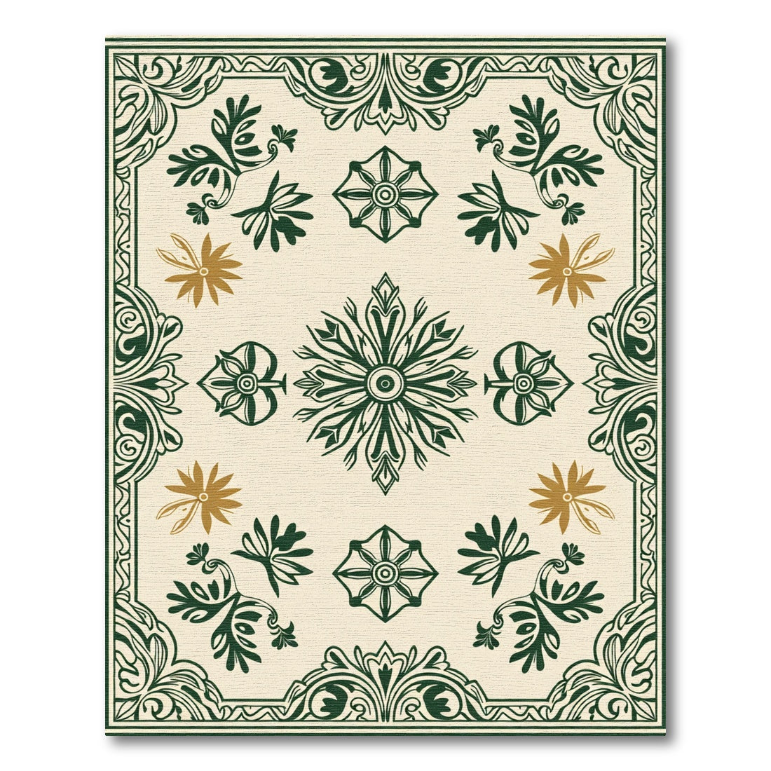 Green Ivory Floral Medallion Swirl Rug