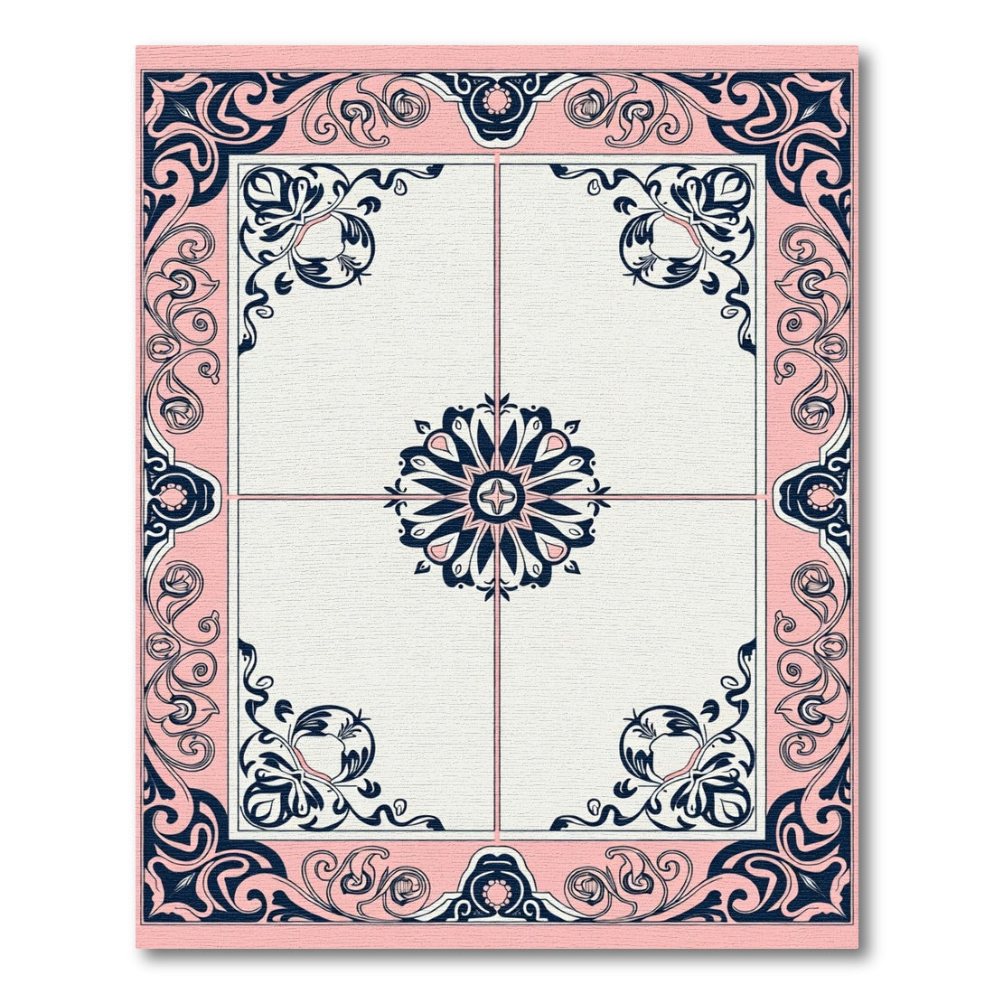 Pink Navy Floral Art Nouveau Border Rug