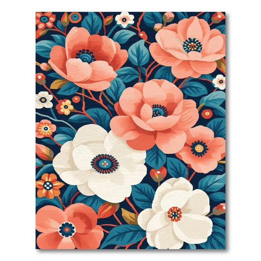 Coral White Floral Bloom Navy Rug