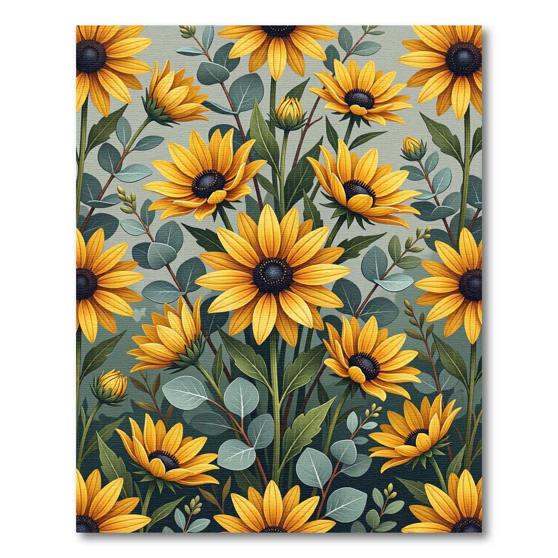 Golden Sunflower and Eucalyptus Botanical Illustration Rug