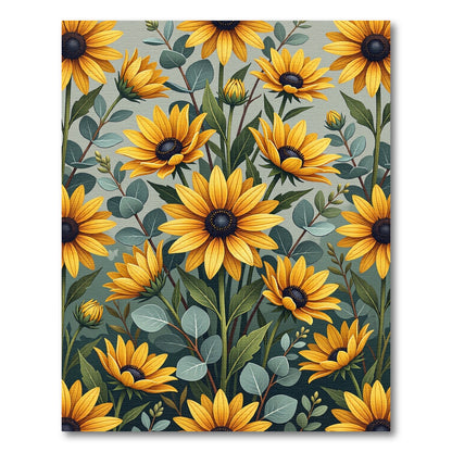 Golden Sunflower and Eucalyptus Botanical Illustration Rug