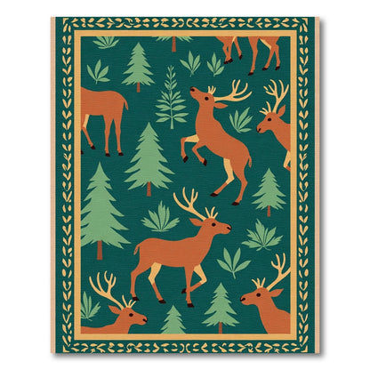 Woodland Deer And Pine Forest Scene Rug