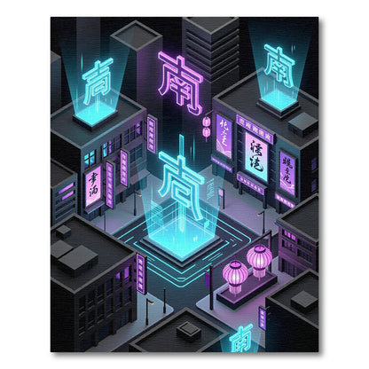 Neon Cyberpunk Floating Kanji Cityscape Rug