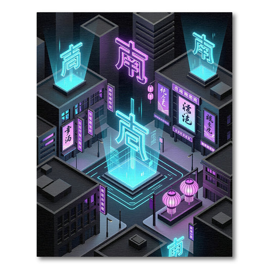 Neon Cyberpunk Floating Kanji Cityscape Rug