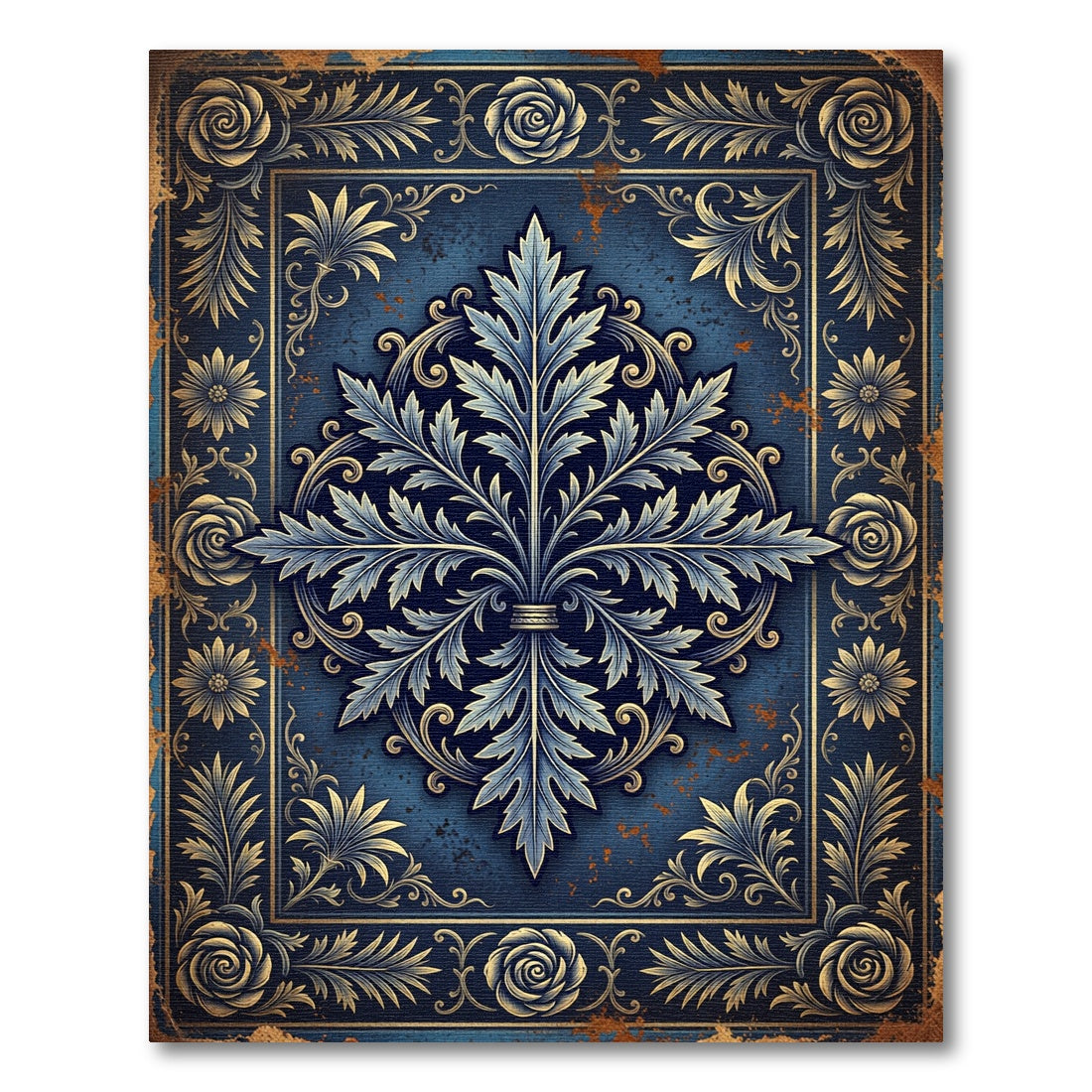 Ornate Navy Acanthus Leaf Floral Medallion Rug