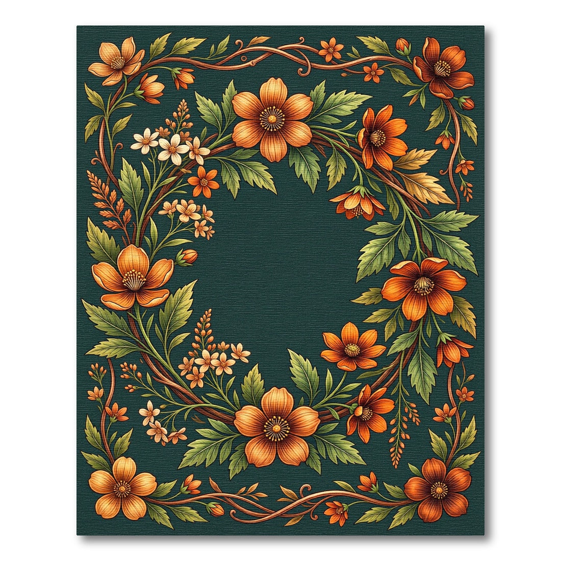 Vibrant Orange Floral Garland Border Rug