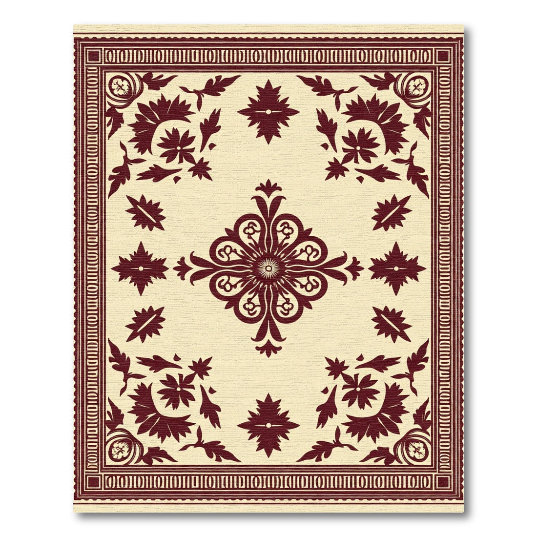 Deep Red Floral Medallion Cream Rug