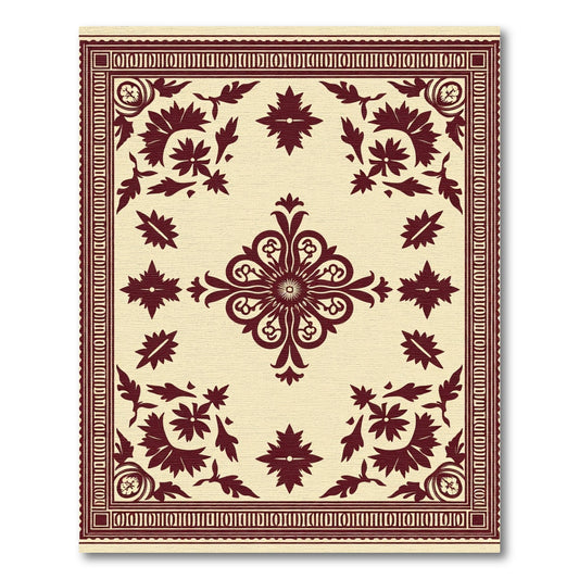 Deep Red Floral Medallion Cream Rug