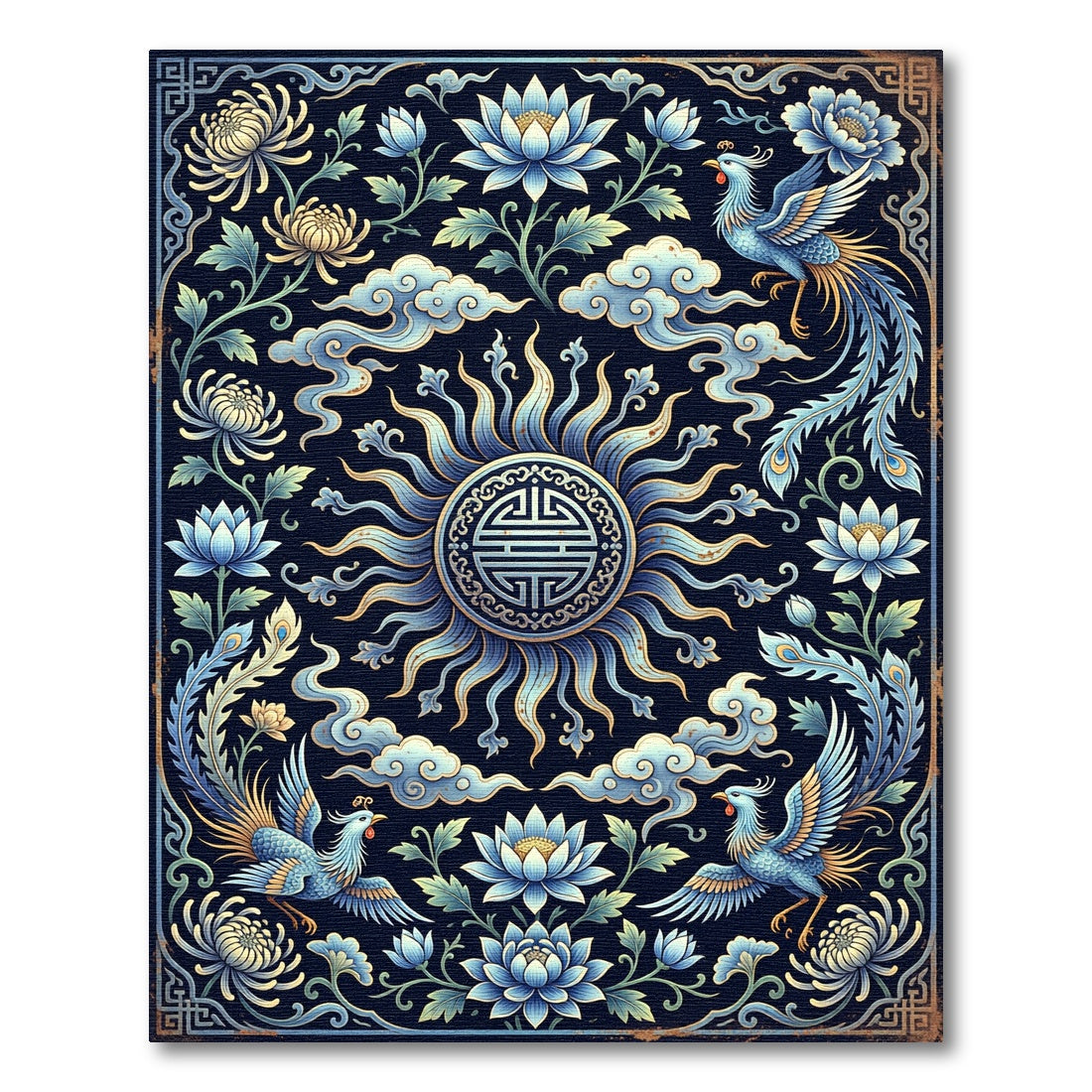 Blue Phoenix and Lotus Floral Medallion Rug