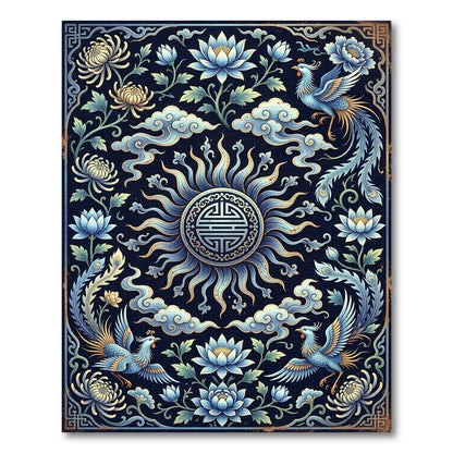 Blue Phoenix and Lotus Floral Medallion Rug