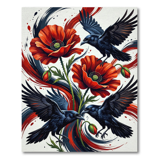 Dramatic Red Poppy Dark Raven Abstract Rug