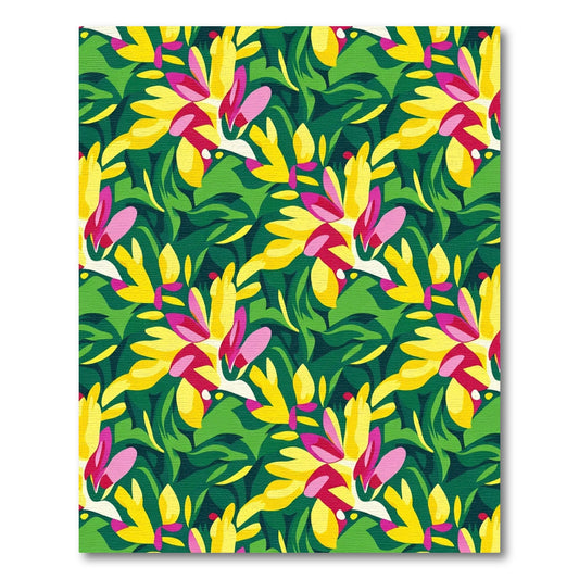 Vibrant Yellow Pink Tropical Leaves Rug
