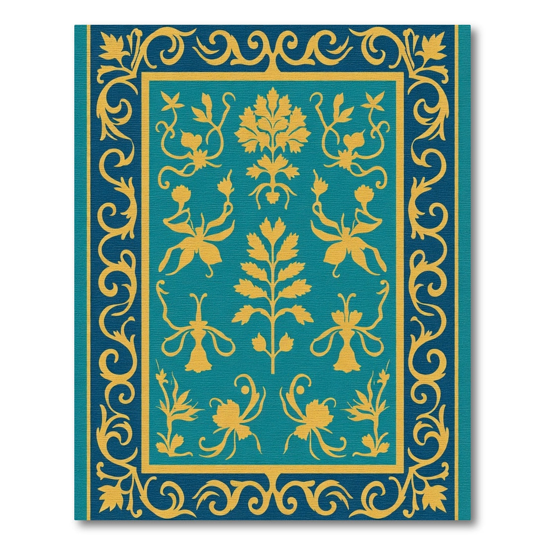 Teal Gold Floral Garden Border Rug
