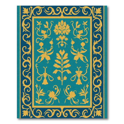 Teal Gold Floral Garden Border Rug