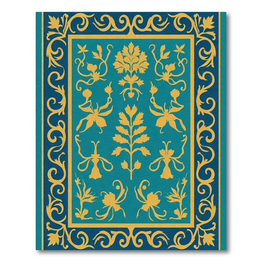 Teal Gold Floral Garden Border Rug
